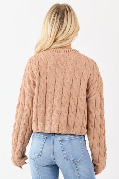Camel Semi Cropped Chenille Cable Knit Sweater