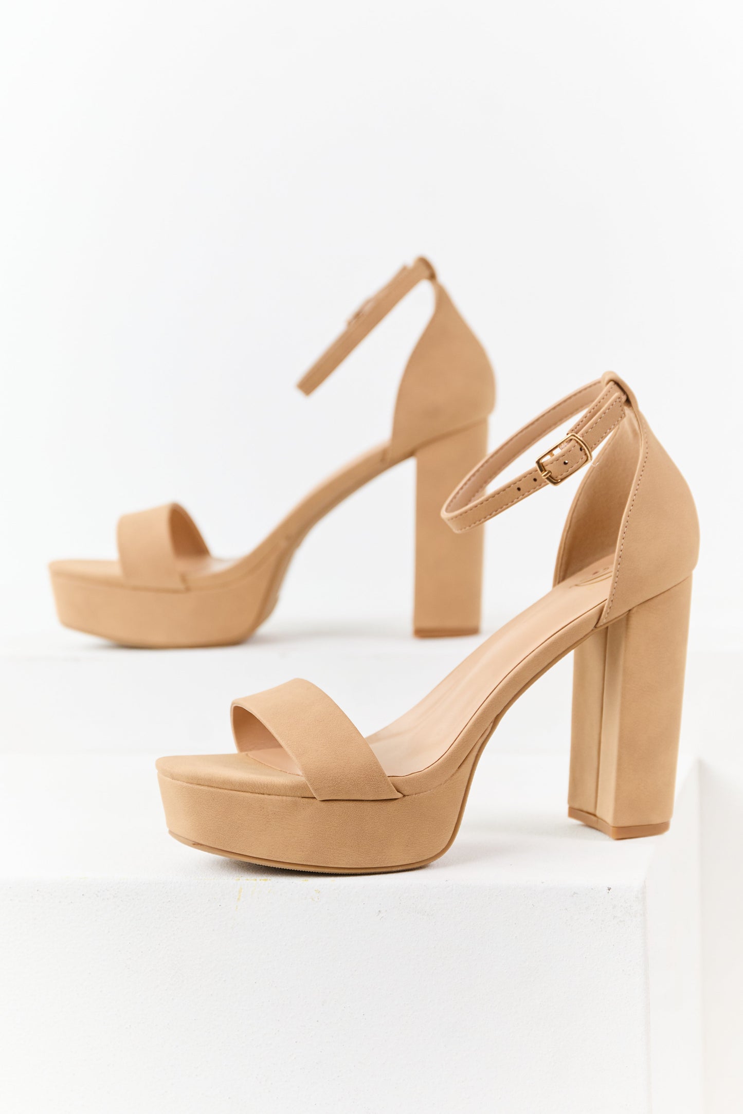 Camel Faux Leather Ankle Strap Platform Heels