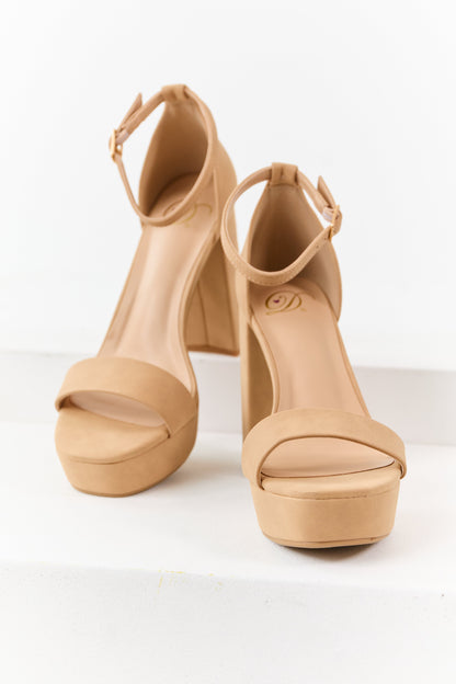 Camel Faux Leather Ankle Strap Platform Heels