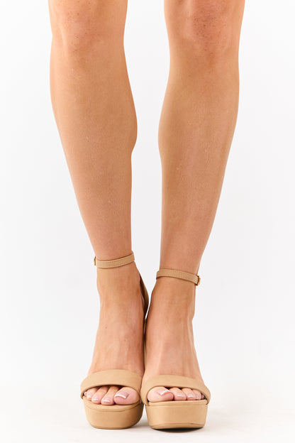 Camel Faux Leather Ankle Strap Platform Heels