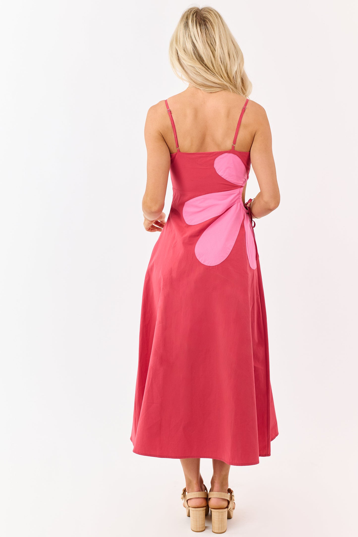 Candy Apple Red Cotton Side Cut Out Flower Midi Dress