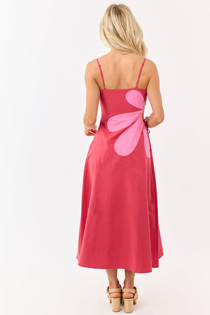 Candy Apple Red Cotton Side Cut Out Flower Midi Dress
