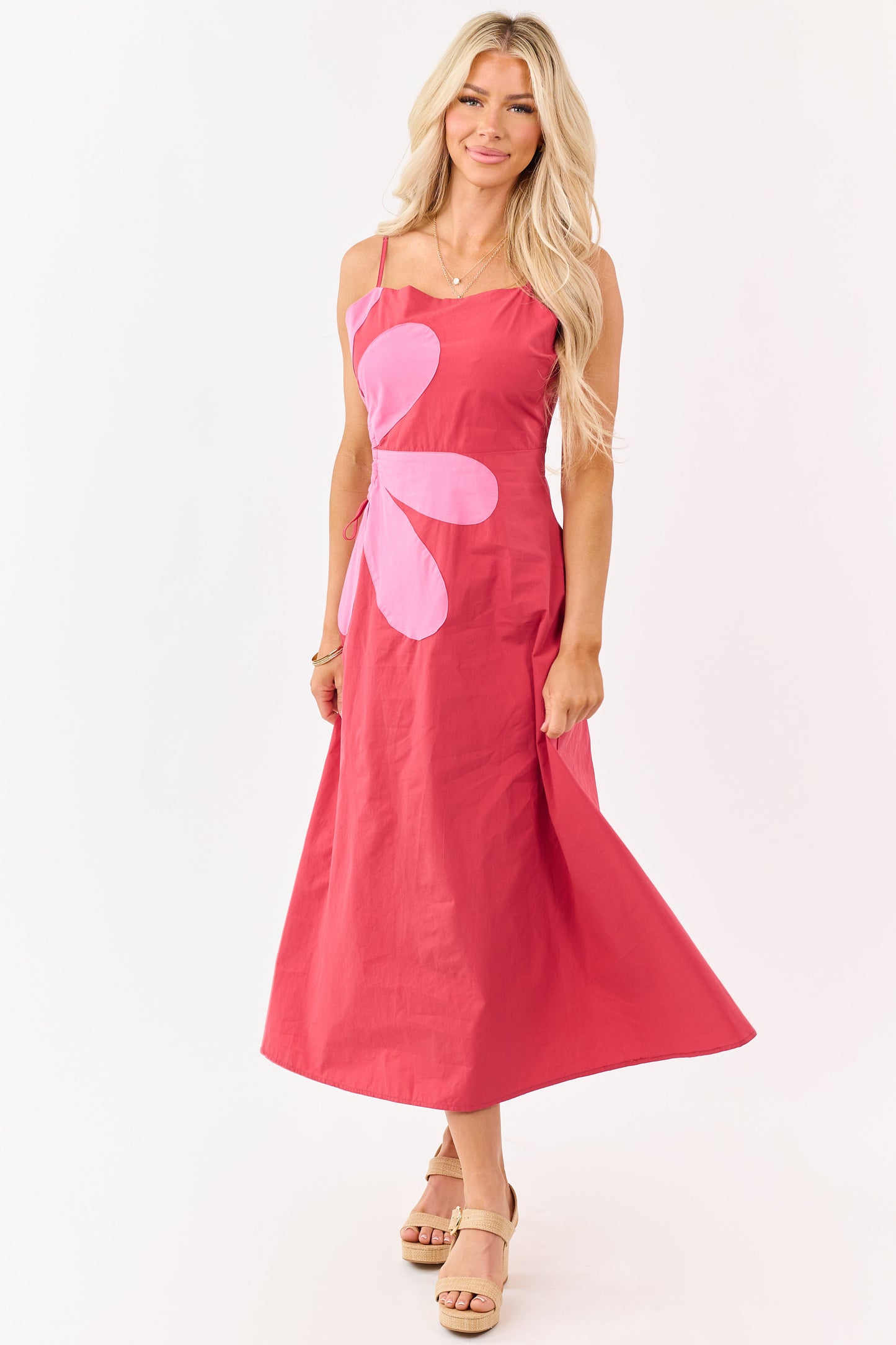 Candy Apple Red Cotton Side Cut Out Flower Midi Dress