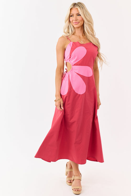 Candy Apple Red Cotton Side Cut Out Flower Midi Dress