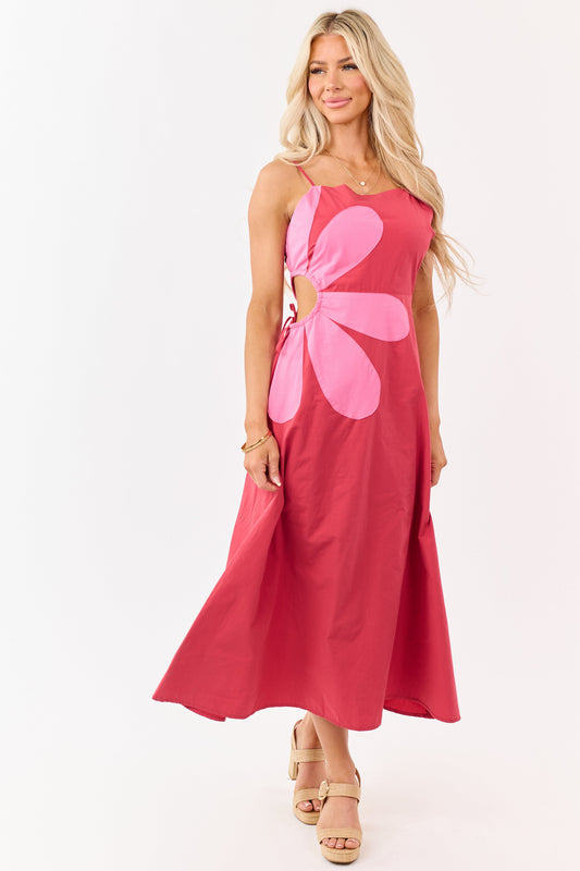 Candy Apple Red Cotton Side Cut Out Flower Midi Dress