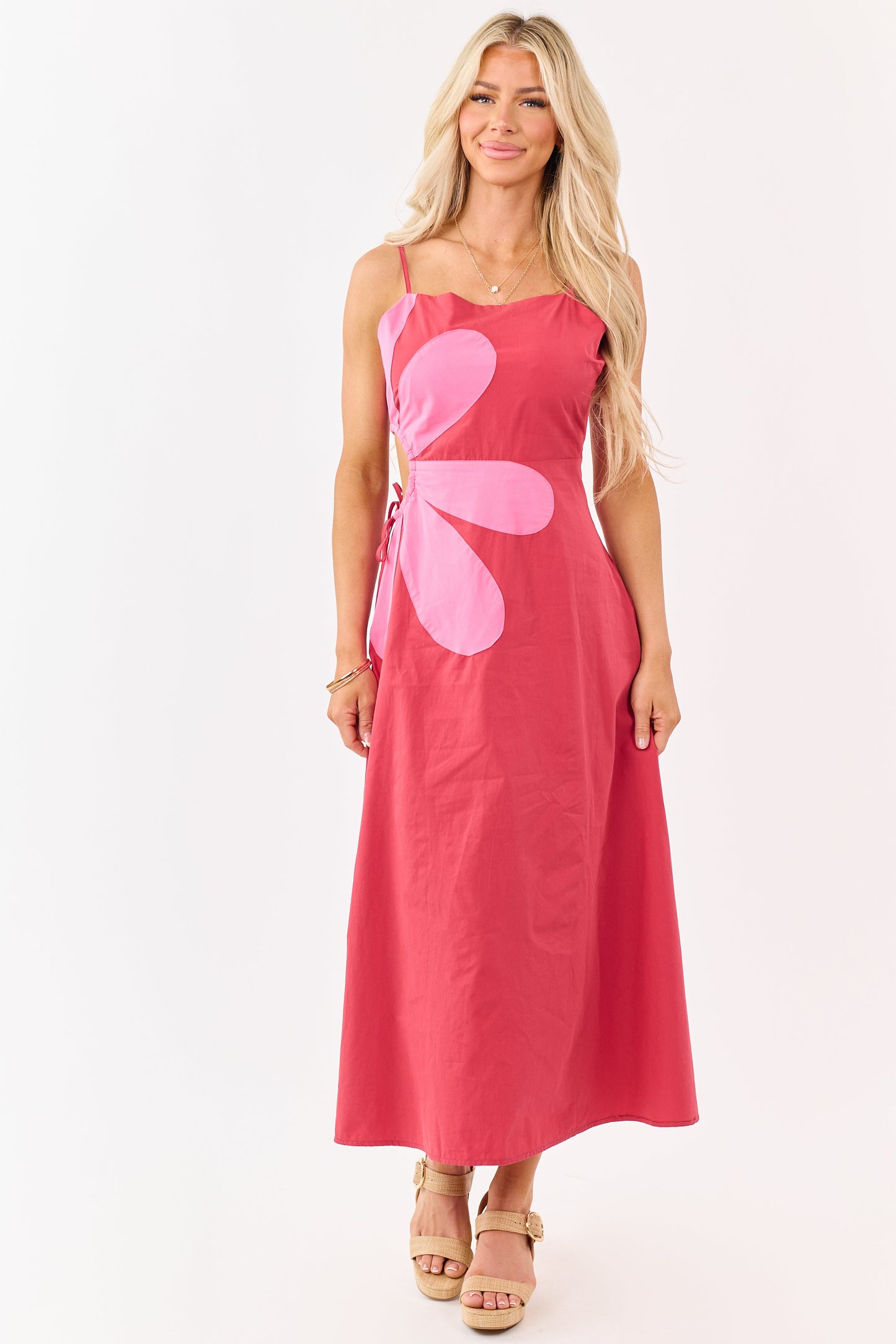 Candy Apple Red Cotton Side Cut Out Flower Midi Dress