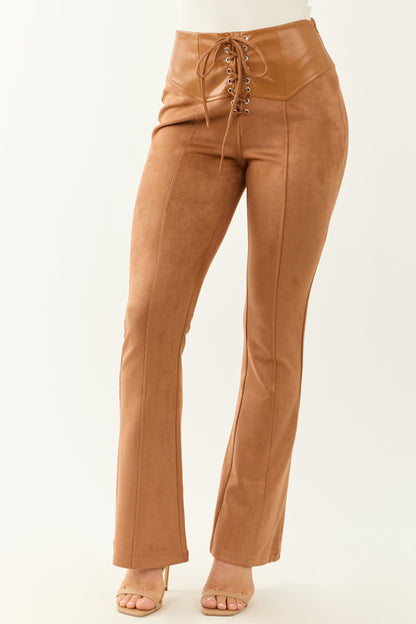 Caramel Faux Suede Lace Up High Rise Flare Pants