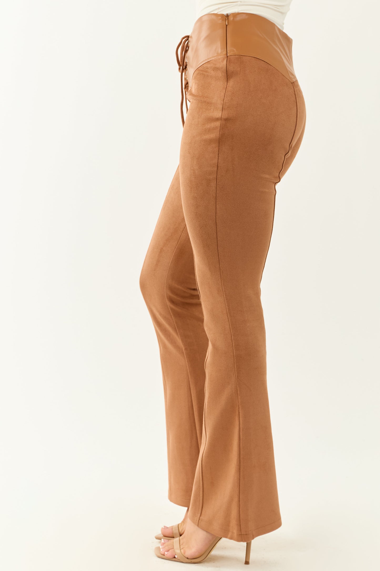 Caramel Faux Suede Lace Up High Rise Flare Pants