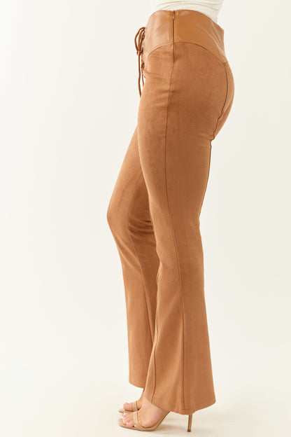 Caramel Faux Suede Lace Up High Rise Flare Pants