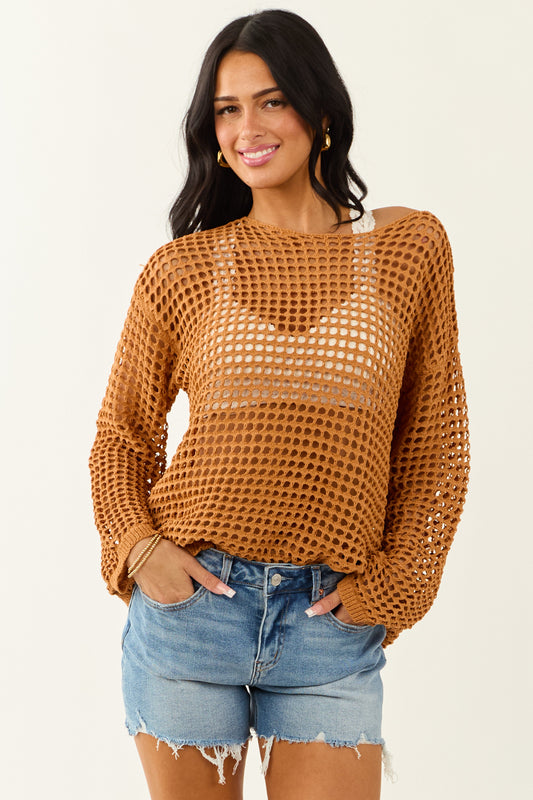 Caramel Open Crochet Round Neck Long Sleeve Top