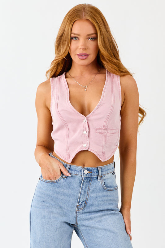Carnation Button Down Lightweight Denim Crop Vest
