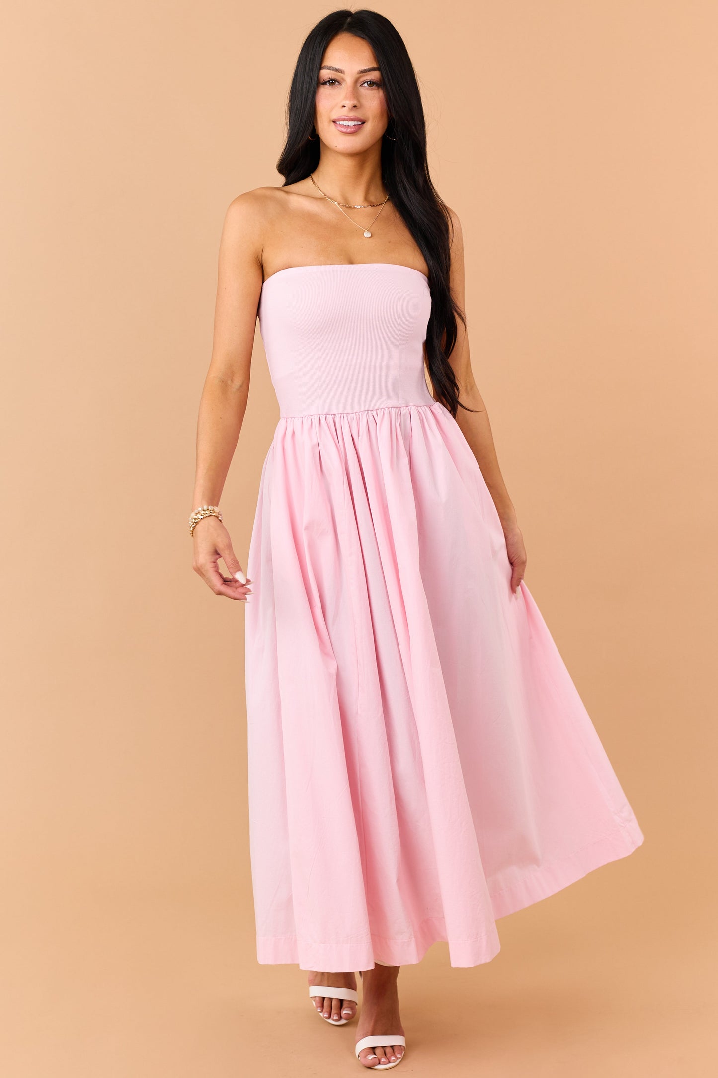 Carnation Strapless Knit Contrast Cotton Maxi Dress