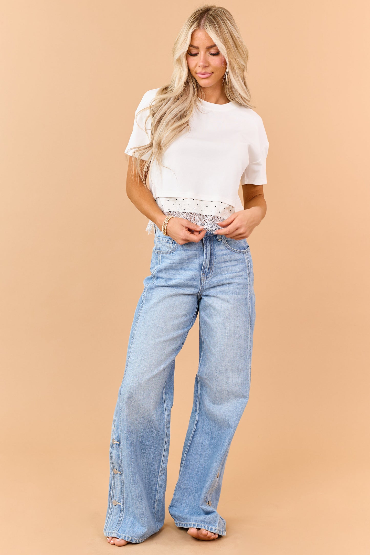 Cello Light Wash Wide Leg Side Button Jeans