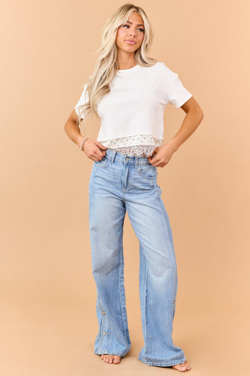 Cello Light Wash Wide Leg Side Button Jeans