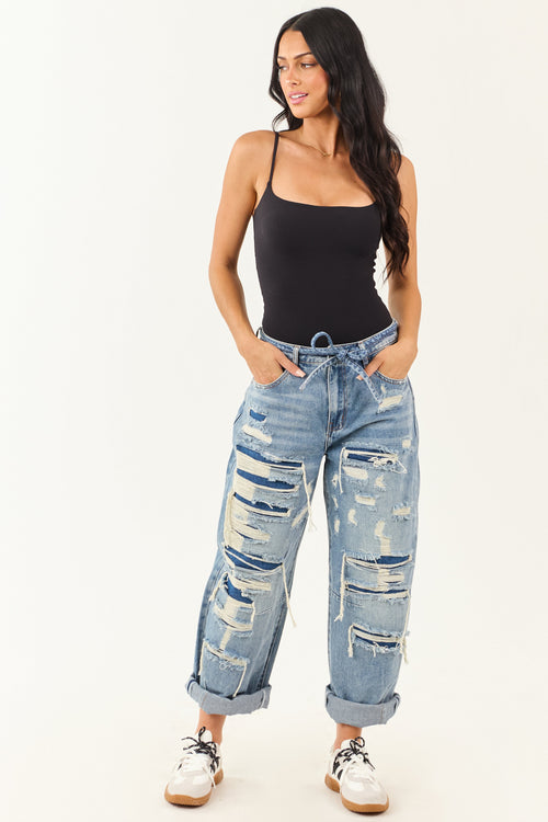 Cello Medium Wash Heavy Distressed Barrel Jeans