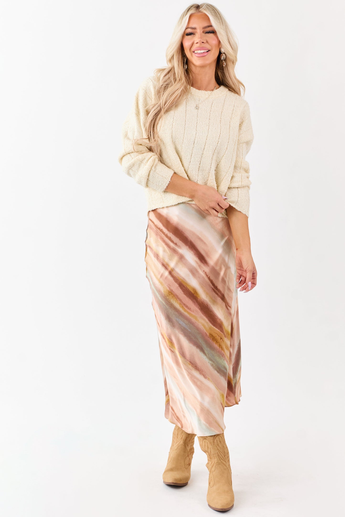 Champagne Abstract Print Satin Midi Skirt