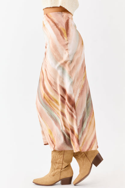 Champagne Abstract Print Satin Midi Skirt