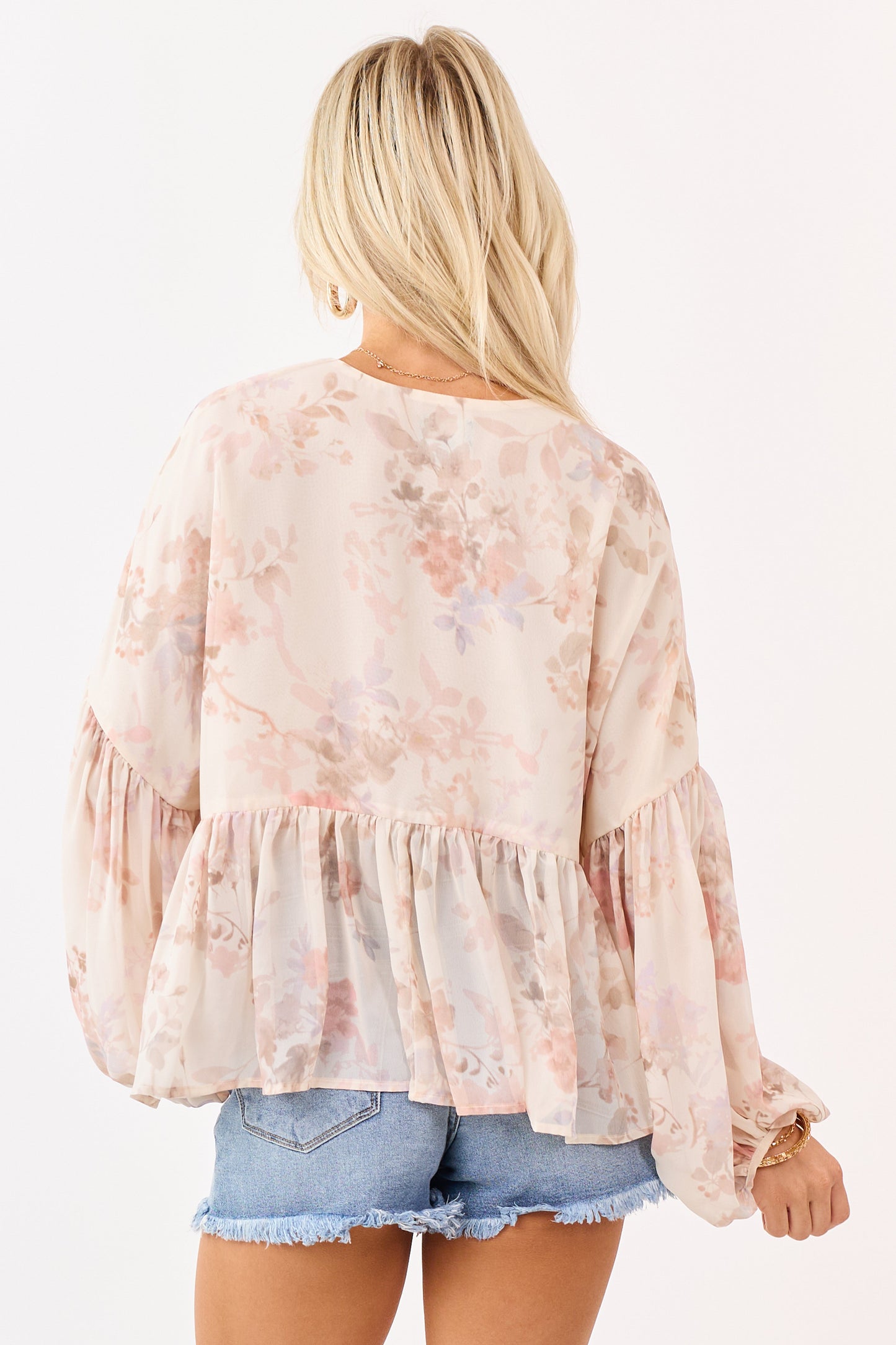 Champagne Floral Print Front Tie Flowy Chiffon Top