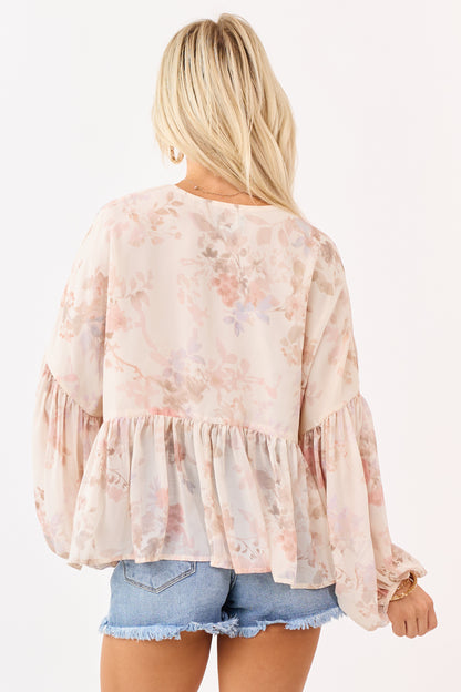 Champagne Floral Print Front Tie Flowy Chiffon Top
