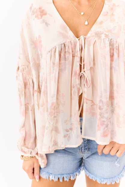 Champagne Floral Print Front Tie Flowy Chiffon Top