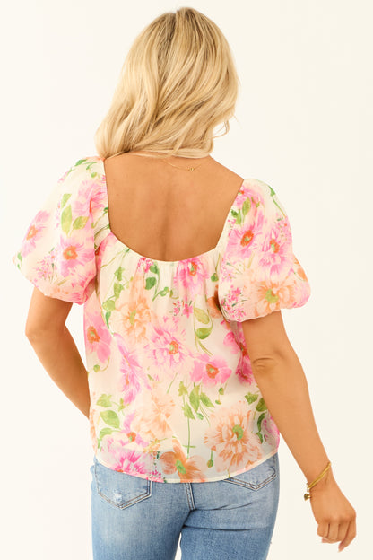 Champagne Floral Print Short Puff Sleeve Blouse