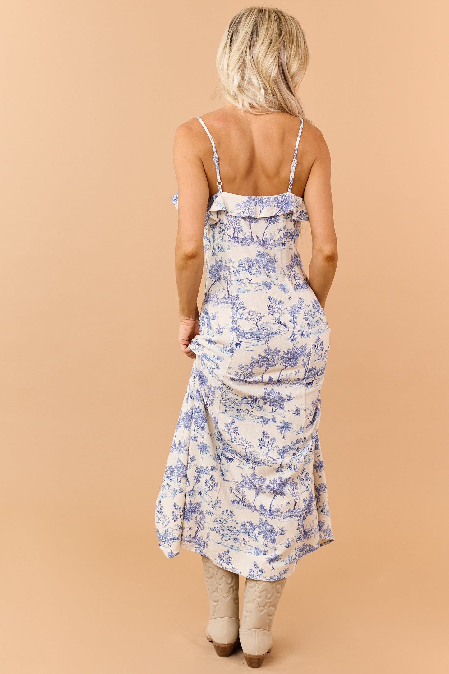 Champagne Vintage Print Linen Blend Maxi Dress