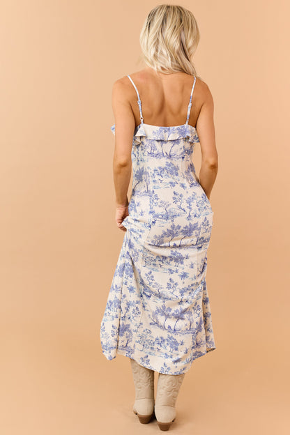 Champagne Vintage Print Linen Blend Maxi Dress