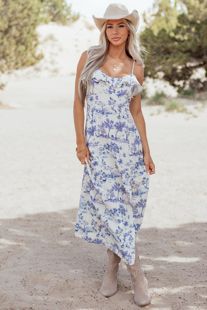 Champagne Vintage Print Linen Blend Maxi Dress