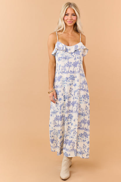 Champagne Vintage Print Linen Blend Maxi Dress