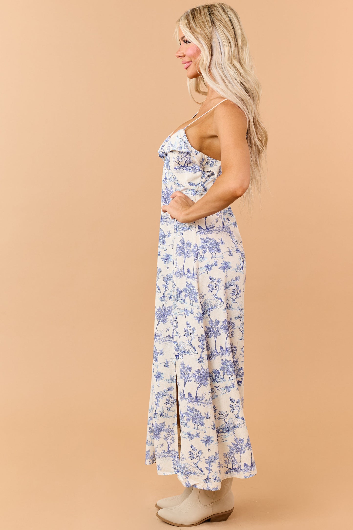 Champagne Vintage Print Linen Blend Maxi Dress