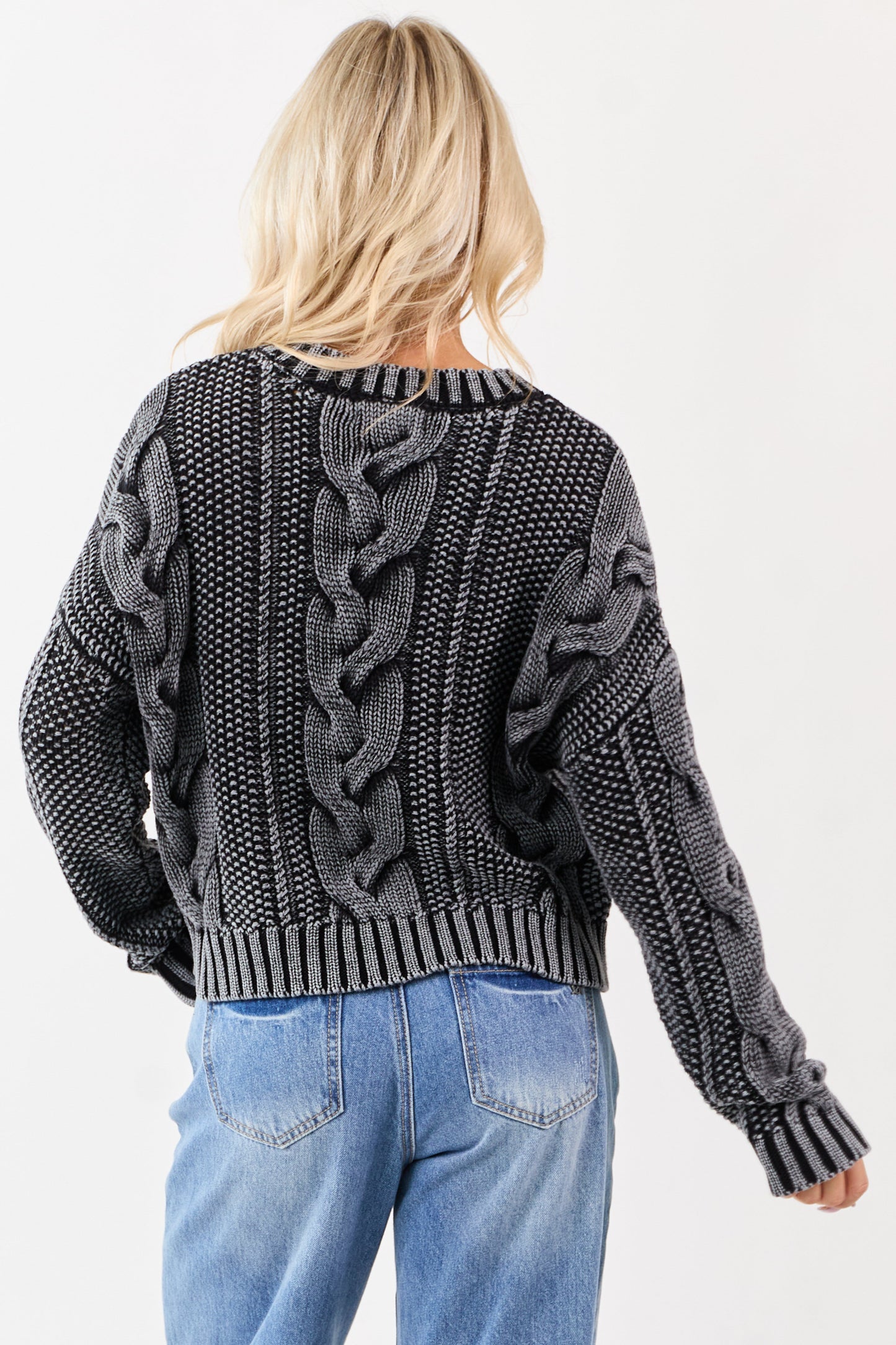 Charcoal Washed Cotton Cable Knit Pullover Sweater