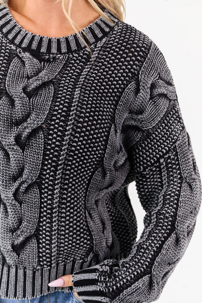 Charcoal Washed Cotton Cable Knit Pullover Sweater