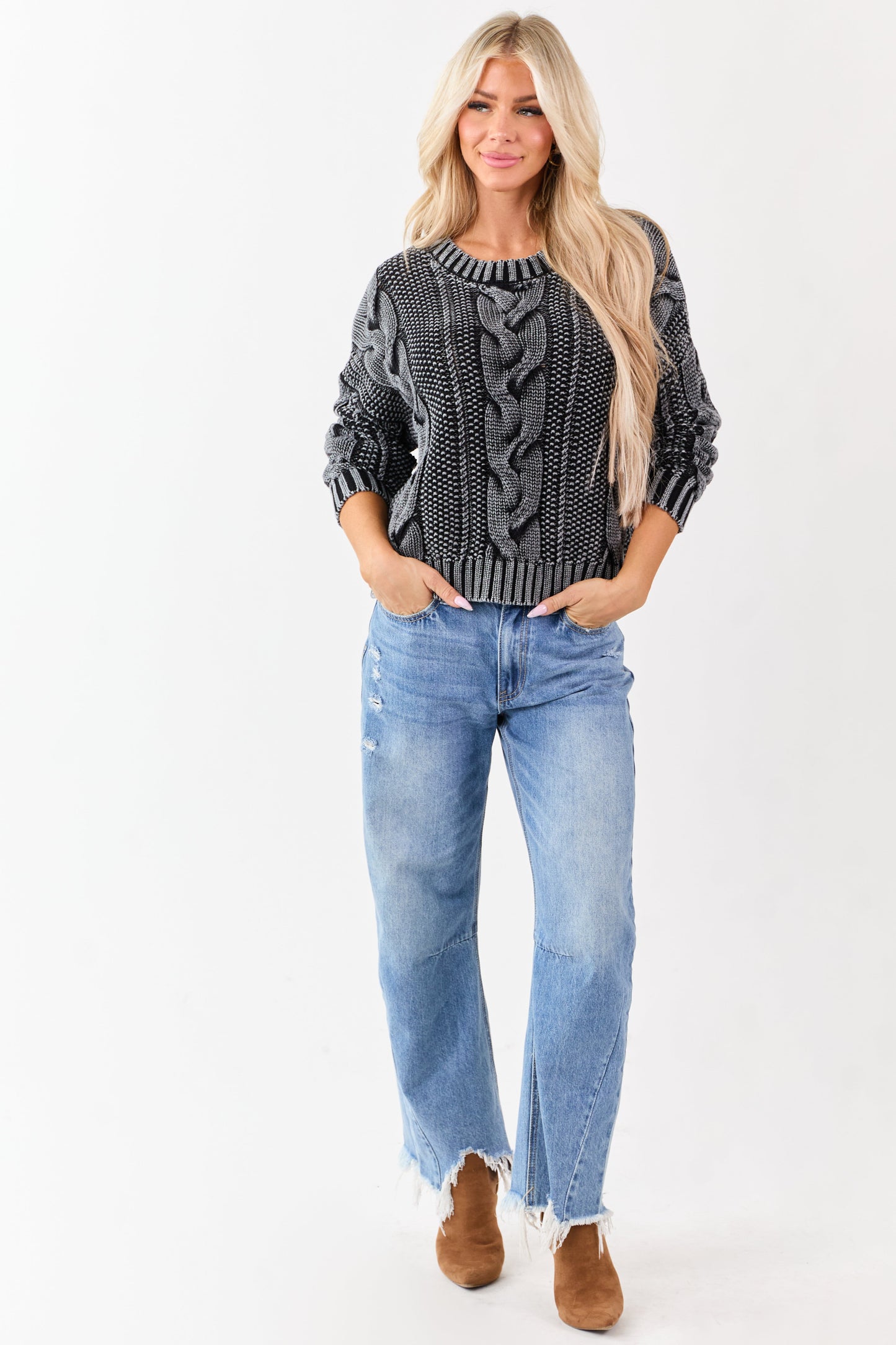 Charcoal Washed Cotton Cable Knit Pullover Sweater
