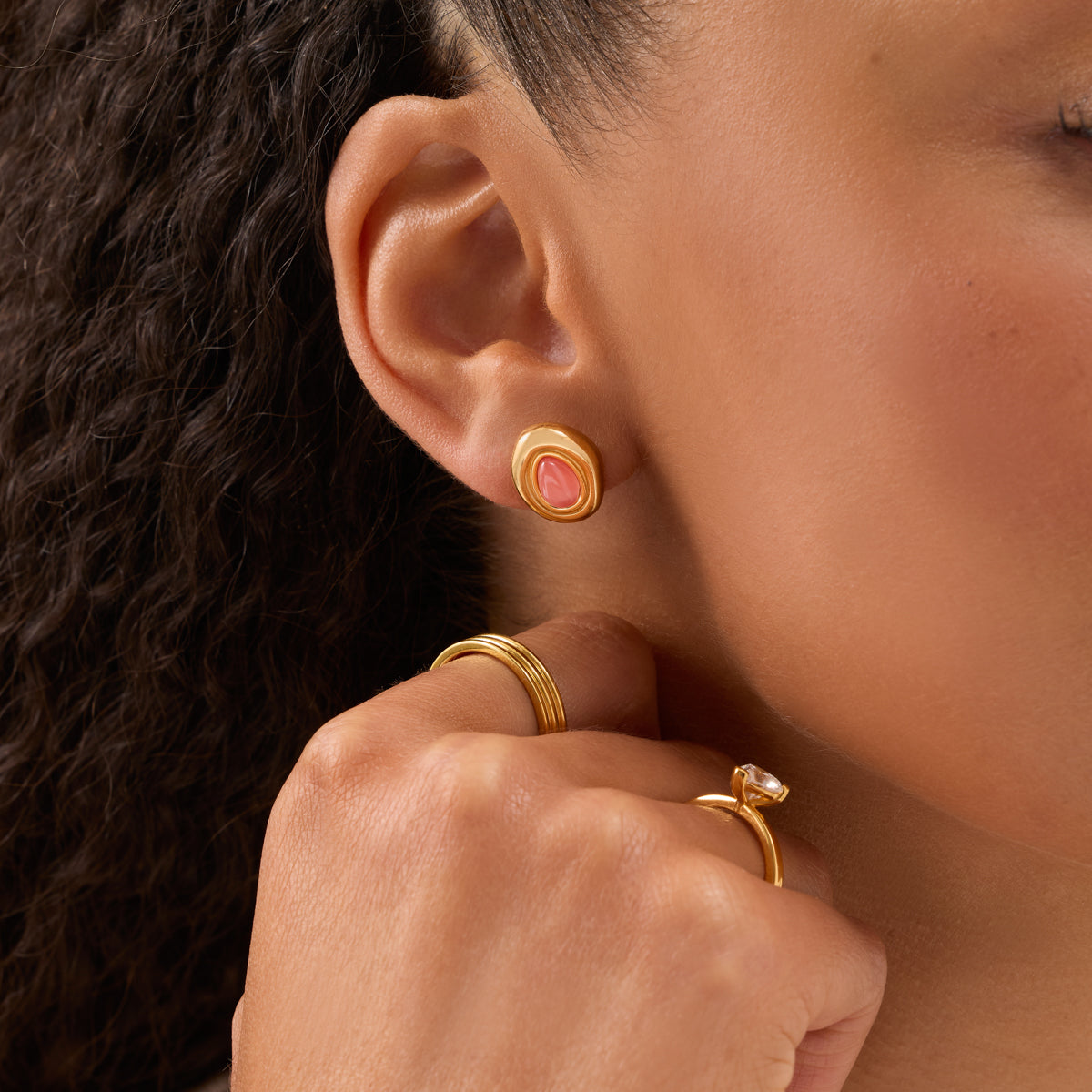 Pink Quartz Molten Stud Earrings (Gold)