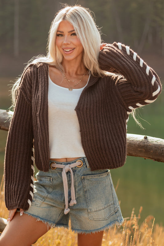 Chocolate Contrast Stitching Rib Knit Cardigan