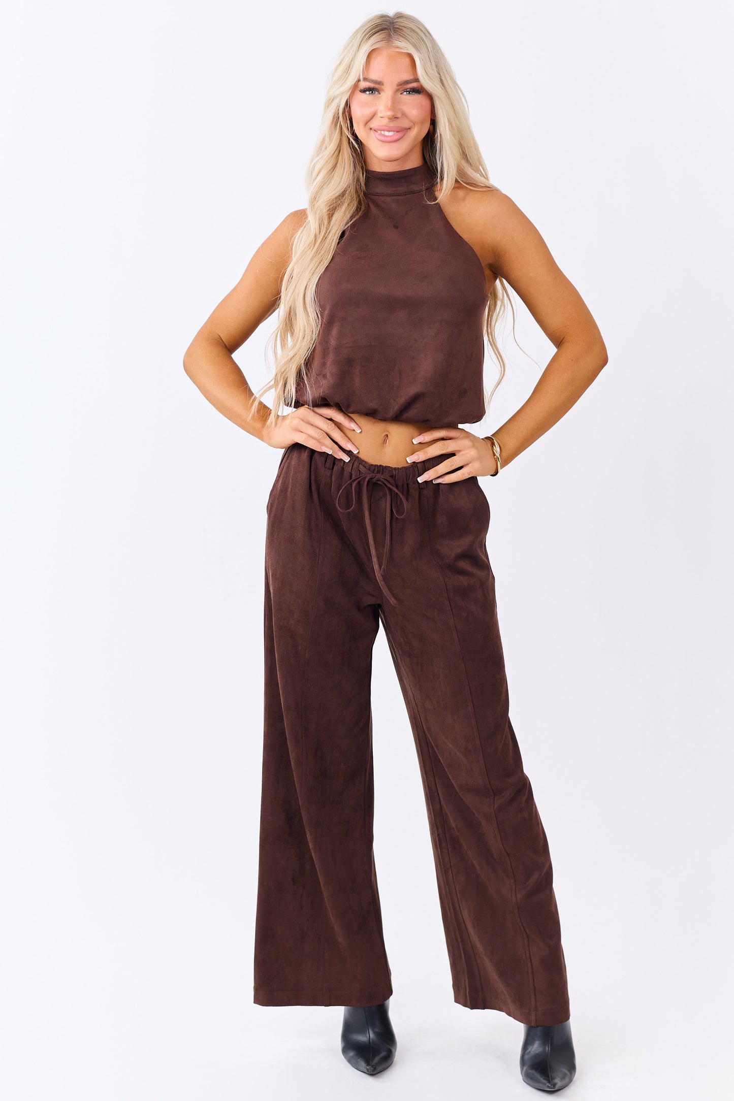 Chocolate Faux Suede Wide Leg Drawstring Pants