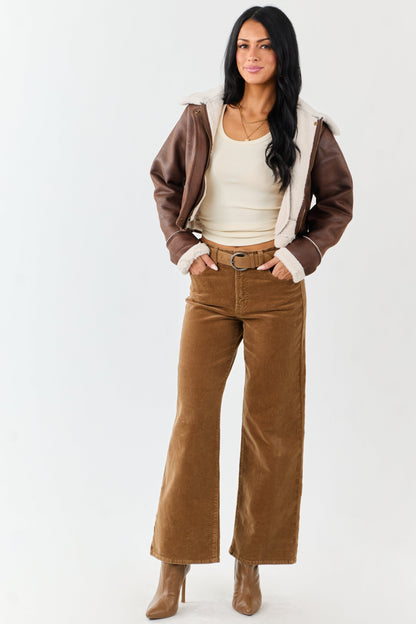 Chocolate Faux Suede Zip Up Faux Fur Lined Jacket