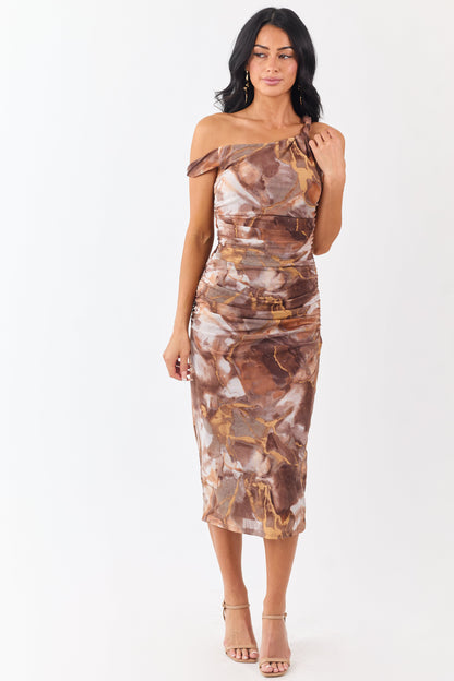 Chocolate Marble Print Off Shoulder Mesh Midi Dress