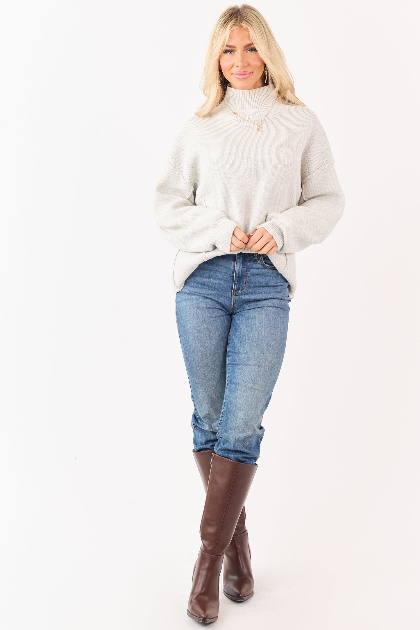 Cloud Grey Mock Neck Exposed Seam Knit Sweater