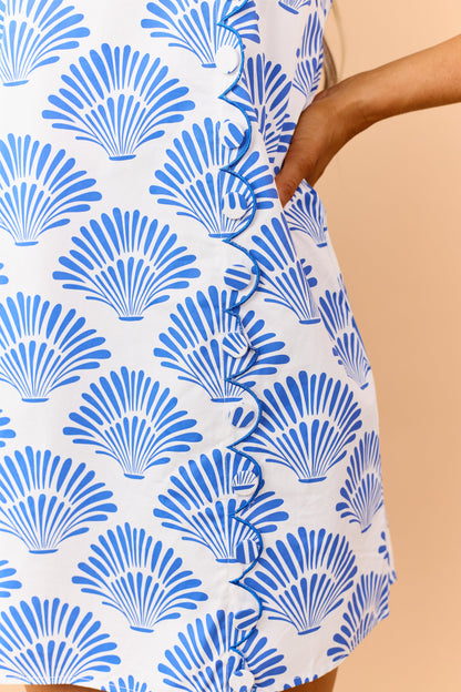 Cobalt Cotton Shell Pattern Button Detail Mini Dress