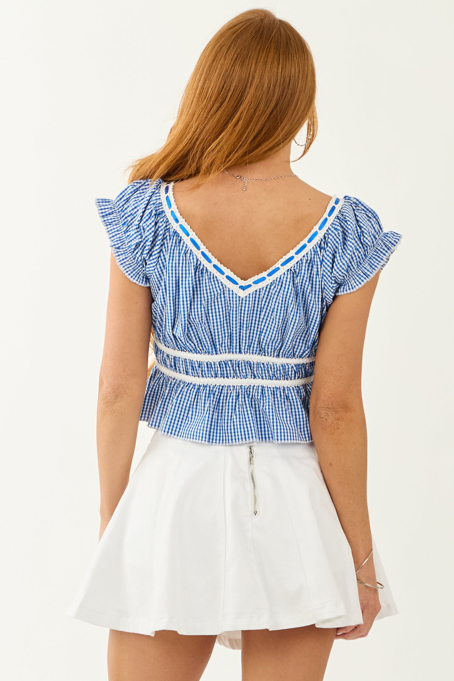 Cobalt and Ivory Gingham Peplum V Neck Blouse