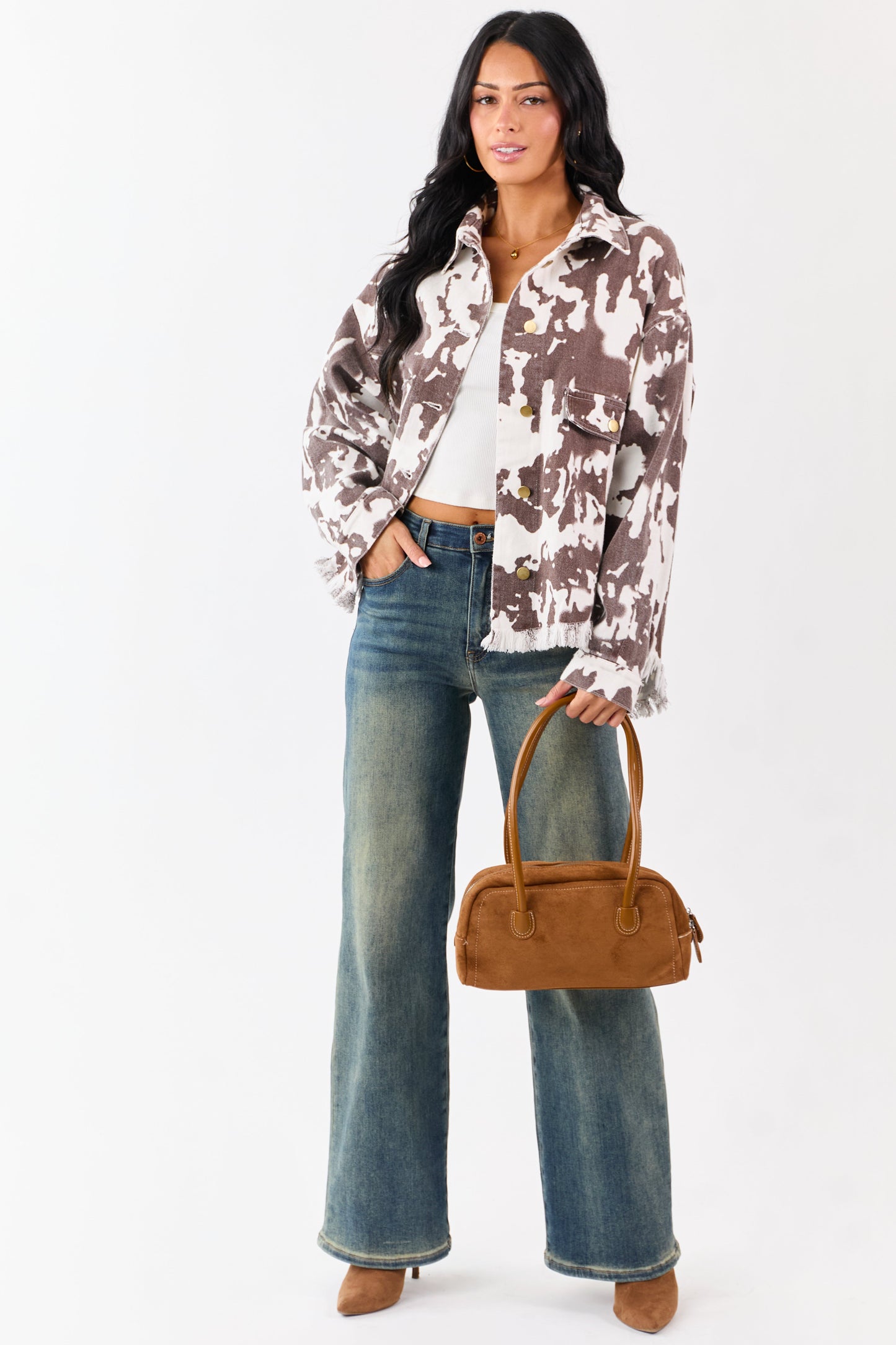 Cocoa Cow Print Denim Fringe Hem Button Down Shacket