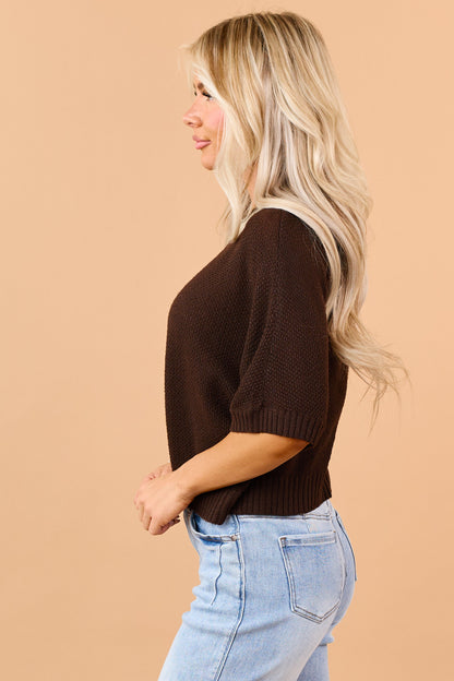 Cocoa Waffle Knit Short Sleeve Sweater
