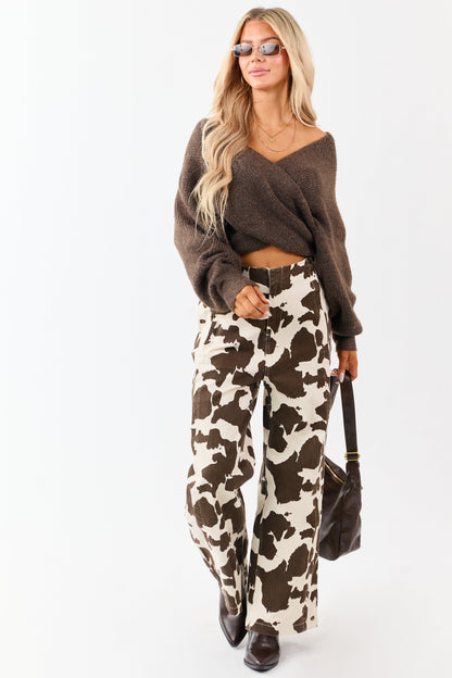 Coconut Cow Print Elastic Waist Wide Leg Denim Pants