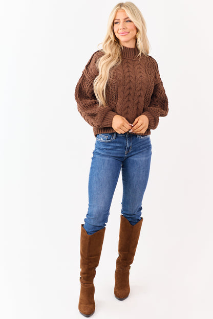 Coffee Cable Knit High Neck Sweater