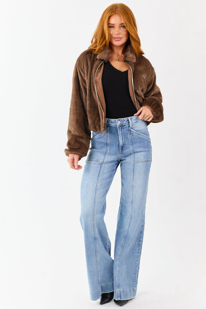 Coffee Faux Fur Collared Zip Up Jacket with Pockets