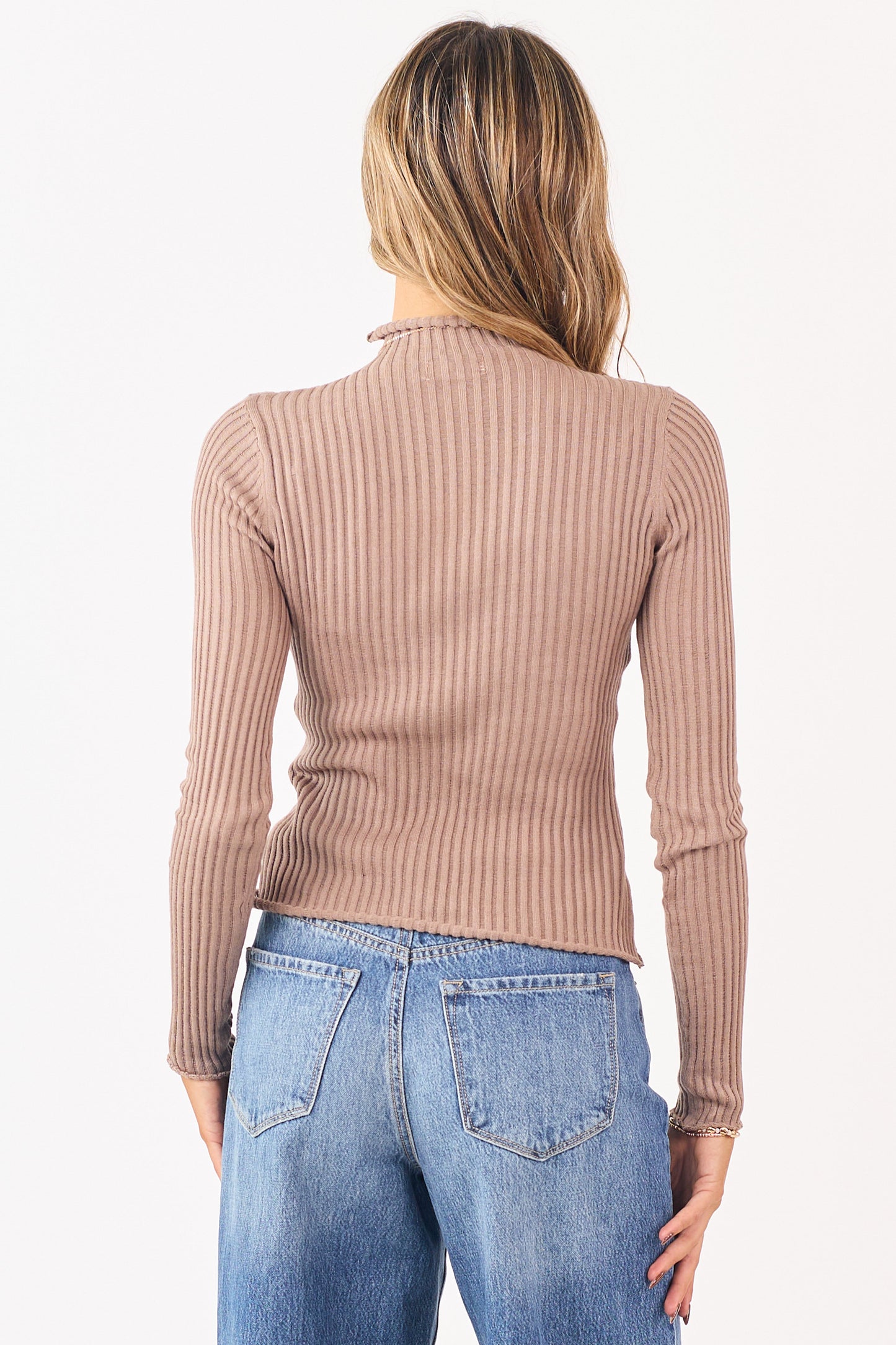 Coffee Rib Knit High Neck Long Sleeve Fitted Top