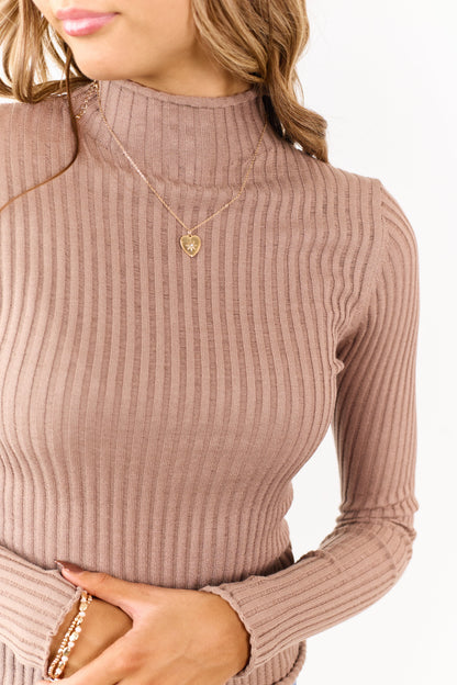 Coffee Rib Knit High Neck Long Sleeve Fitted Top