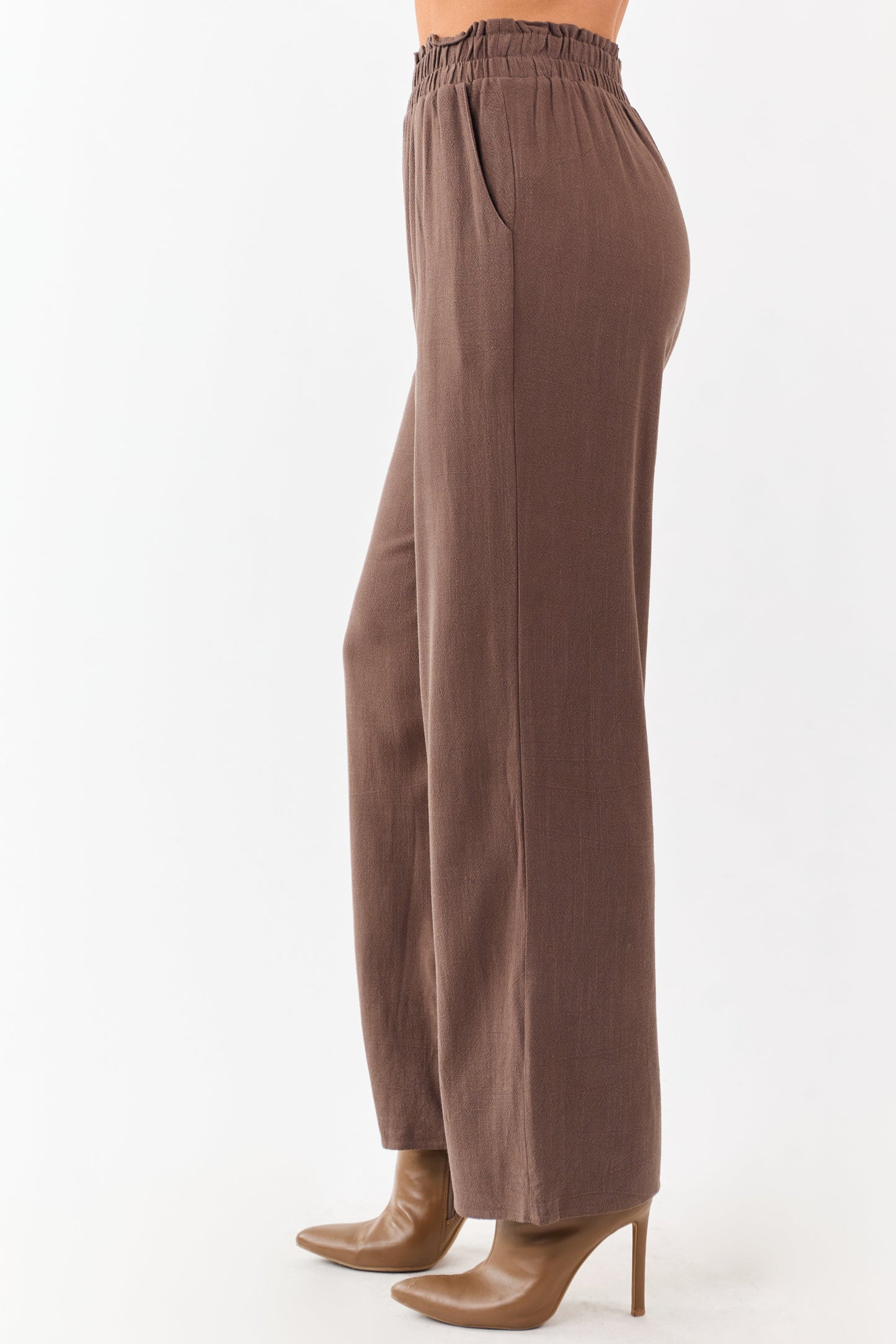 Coffee Smocked Waistband Wide Leg Linen Blend Pants