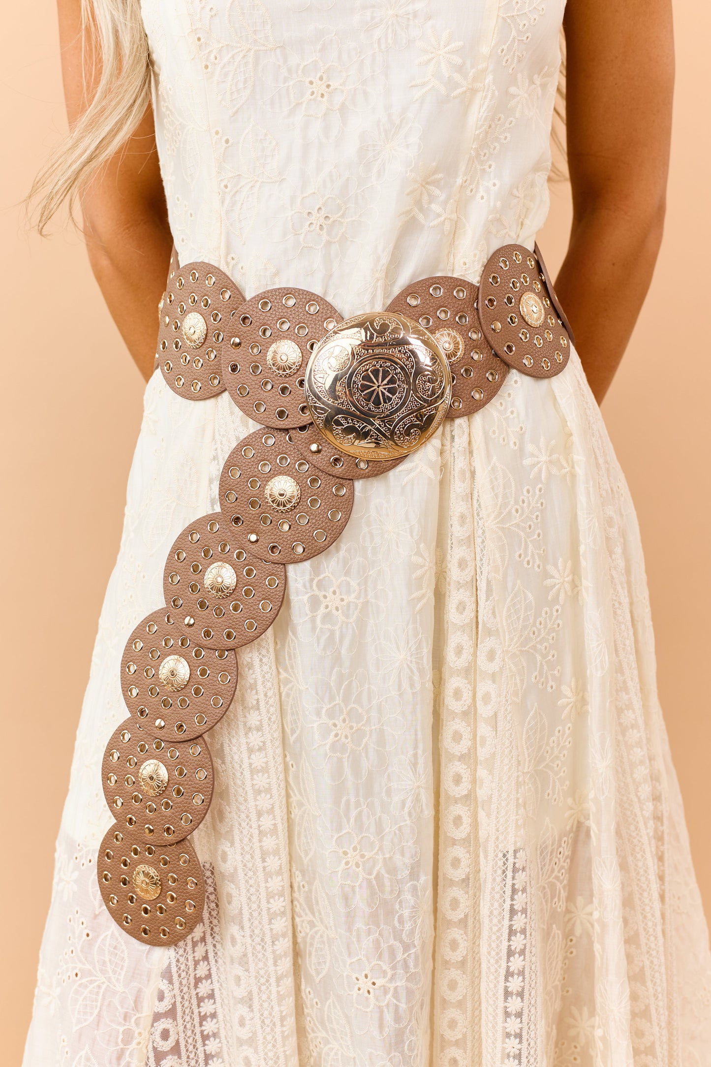 Coffee Faux Leather Grommet Disc Belt